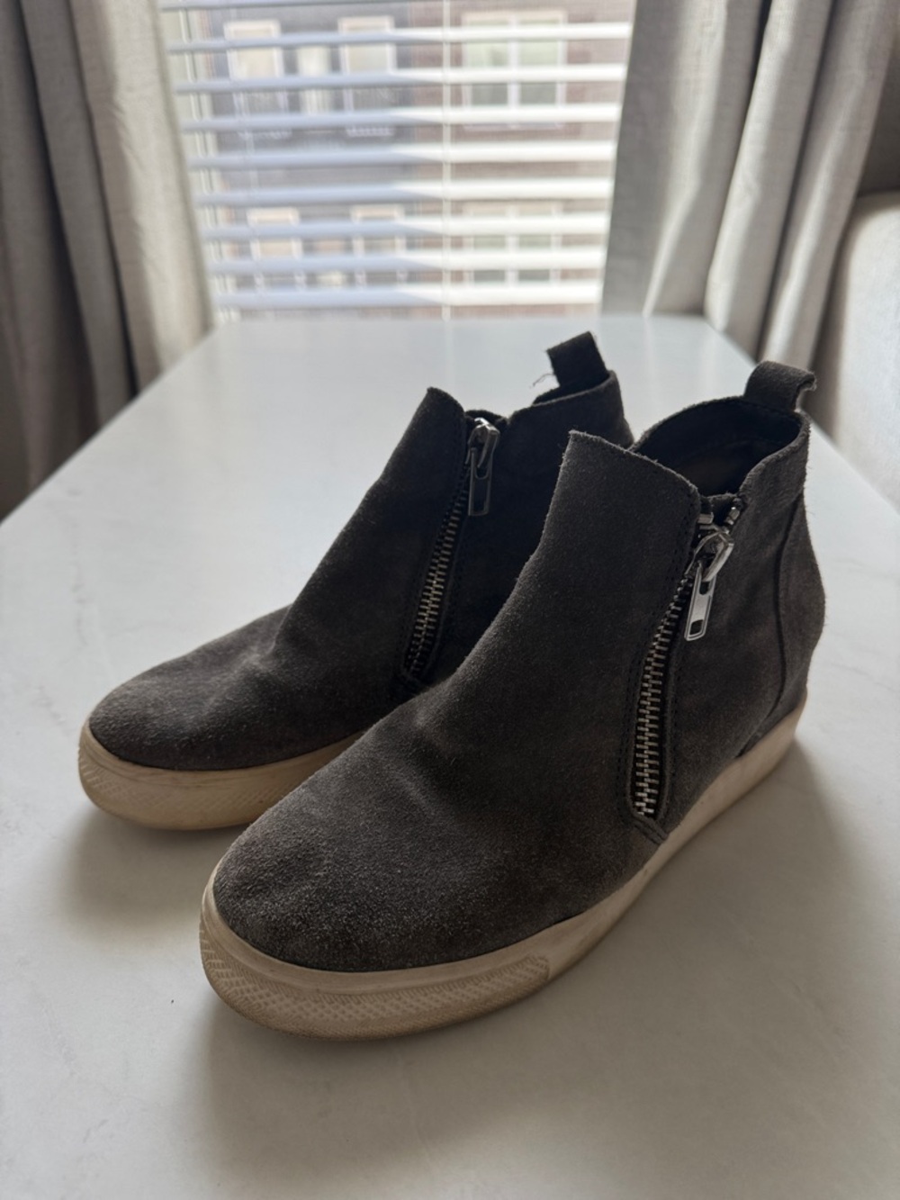 Freebird by Steven Dark Gray Suede Wedge Ankle Zip Booties